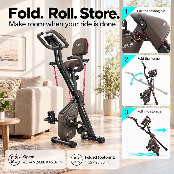 HARISON HR-X3L Foldable Exercise Bike | Magnetic Folding Bike for Home （Brown）