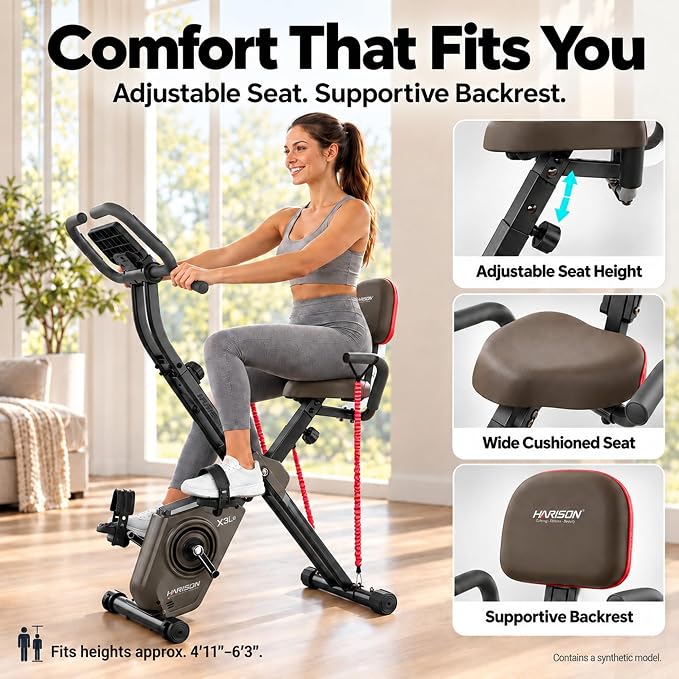 HARISON HR-X3L Foldable Exercise Bike | Magnetic Folding Bike for Home （Brown）