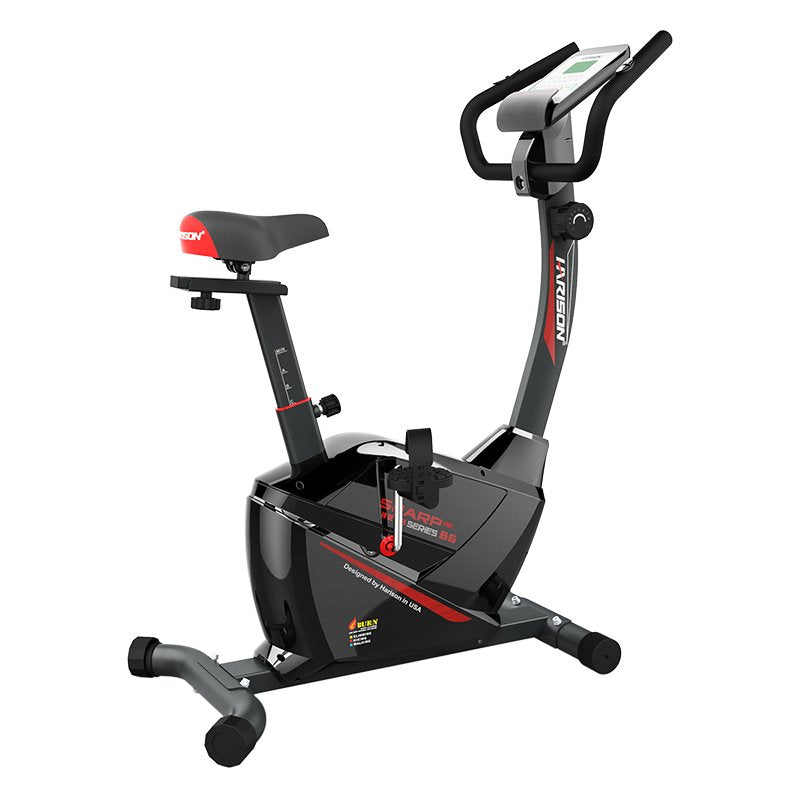 HARISON HR-B6 Magnetic Upright Exercise Bike for Home Gym ,350 lbs Capacity , US Magnetic Mute System with 8-Level Resistance ,4-Way Adjustable Leather Seat , 2-in-1 LCD Monitor & Tablet Holder,Non-Slip Handlebars & Transport Wheels