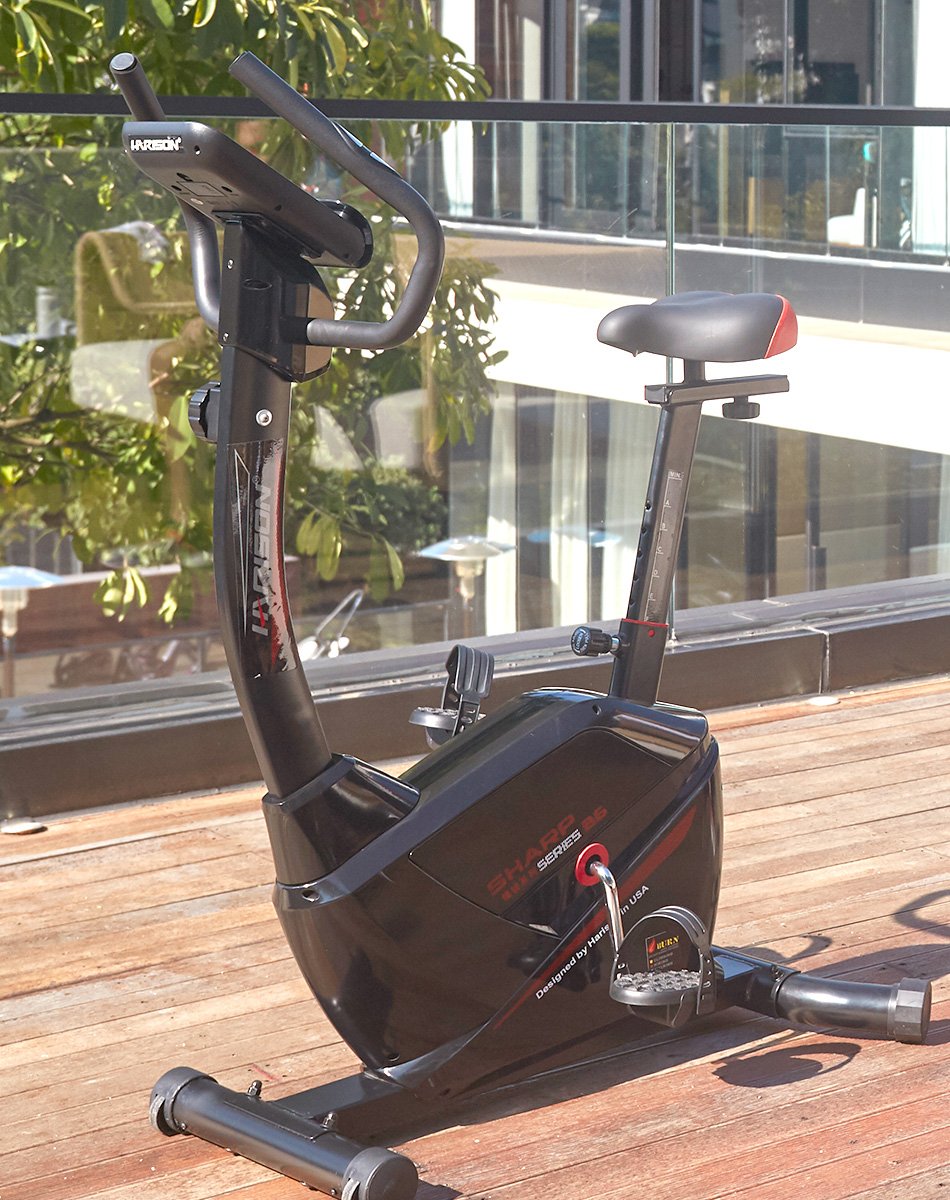 HARISON HR-B6 Magnetic Upright Exercise Bike for Home Gym ,350 lbs Capacity , US Magnetic Mute System with 8-Level Resistance ,4-Way Adjustable Leather Seat , 2-in-1 LCD Monitor & Tablet Holder,Non-Slip Handlebars & Transport Wheels