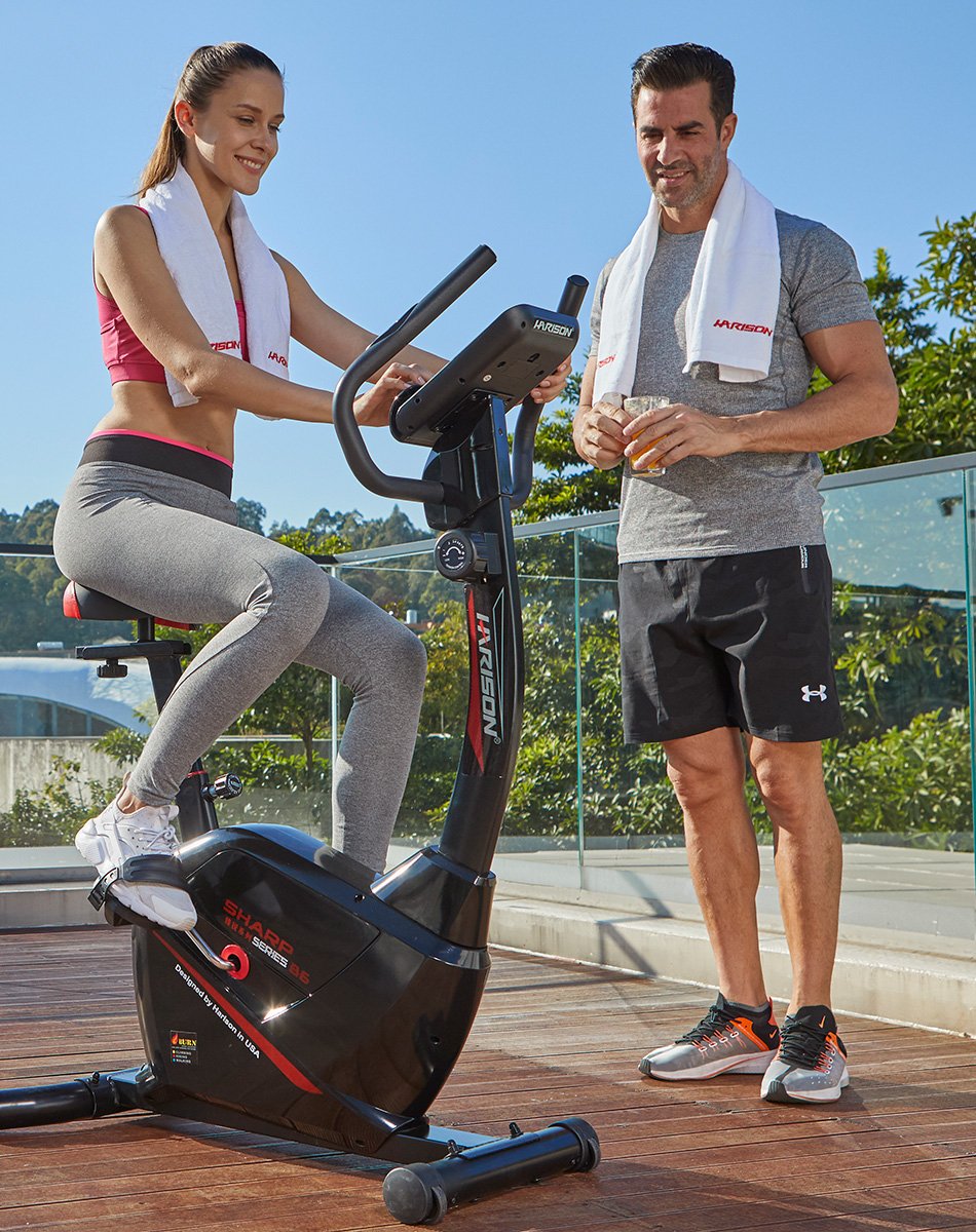 HARISON HR-B6 Magnetic Upright Exercise Bike for Home Gym ,350 lbs Capacity , US Magnetic Mute System with 8-Level Resistance ,4-Way Adjustable Leather Seat , 2-in-1 LCD Monitor & Tablet Holder,Non-Slip Handlebars & Transport Wheels