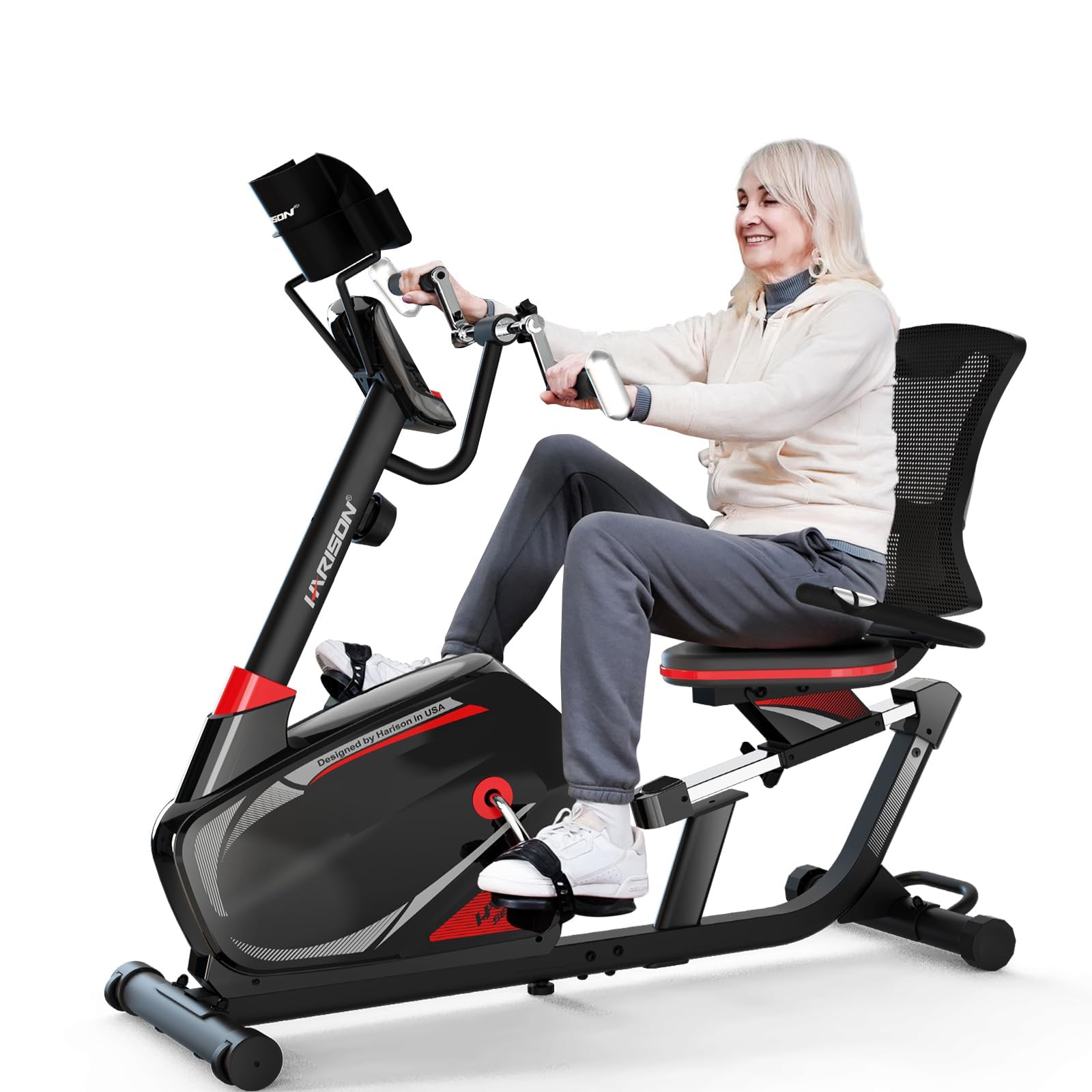 HARISON HR-B8A RE Exercise Bike 400 lbs Capacity, Easy Assembly Magnetic Recumbent bike for Adult and Seniors with Arm Exerciser , Recumbent Stationary bike for Home, 2 in 1 LCD Monitor and Tablet Holder (Same-day Shipping service）