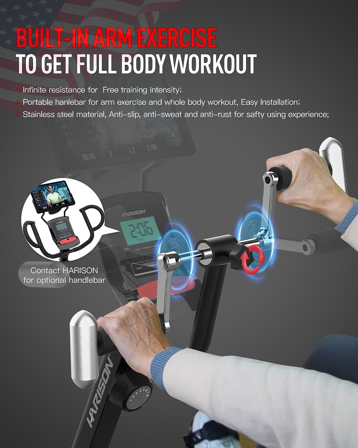 HARISON HR-B8A RE Exercise Bike 400 lbs Capacity, Easy Assembly Magnetic Recumbent bike for Adult and Seniors with Arm Exerciser , Recumbent Stationary bike for Home, 2 in 1 LCD Monitor and Tablet Holder (Same-day Shipping service）