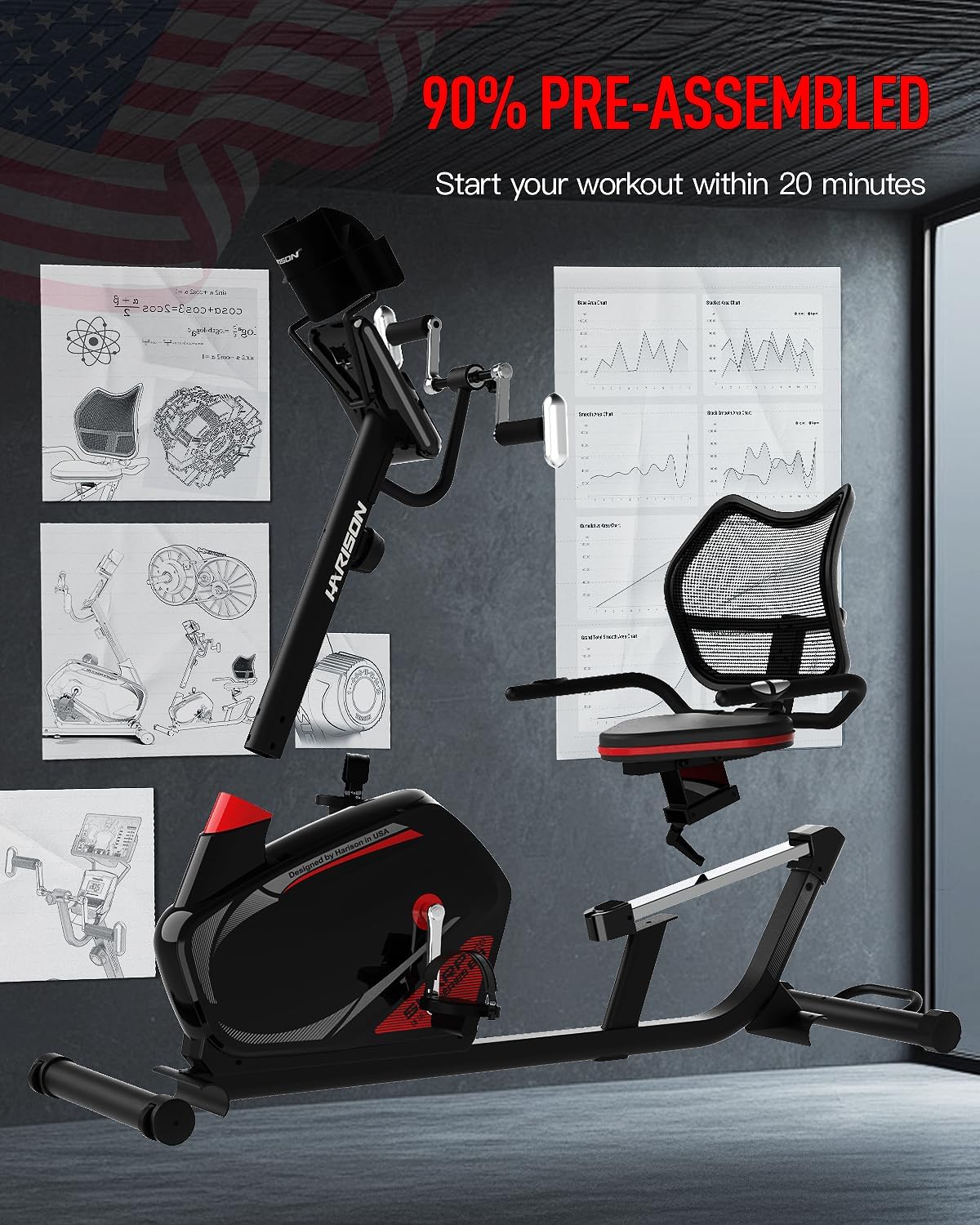 HARISON HR-B8A RE Exercise Bike 400 lbs Capacity, Easy Assembly Magnetic Recumbent bike for Adult and Seniors with Arm Exerciser , Recumbent Stationary bike for Home, 2 in 1 LCD Monitor and Tablet Holder (Same-day Shipping service）