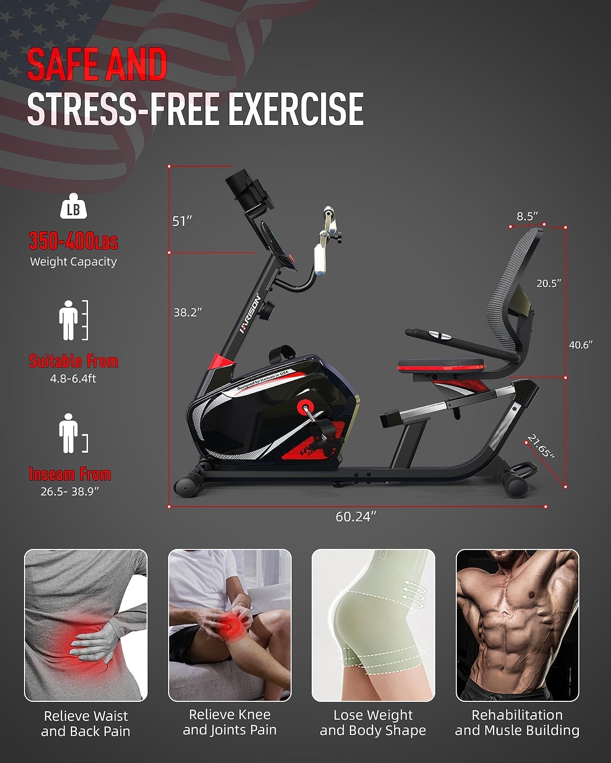 HARISON HR-B8A RE Exercise Bike 400 lbs Capacity, Easy Assembly Magnetic Recumbent bike for Adult and Seniors with Arm Exerciser , Recumbent Stationary bike for Home, 2 in 1 LCD Monitor and Tablet Holder (Same-day Shipping service）